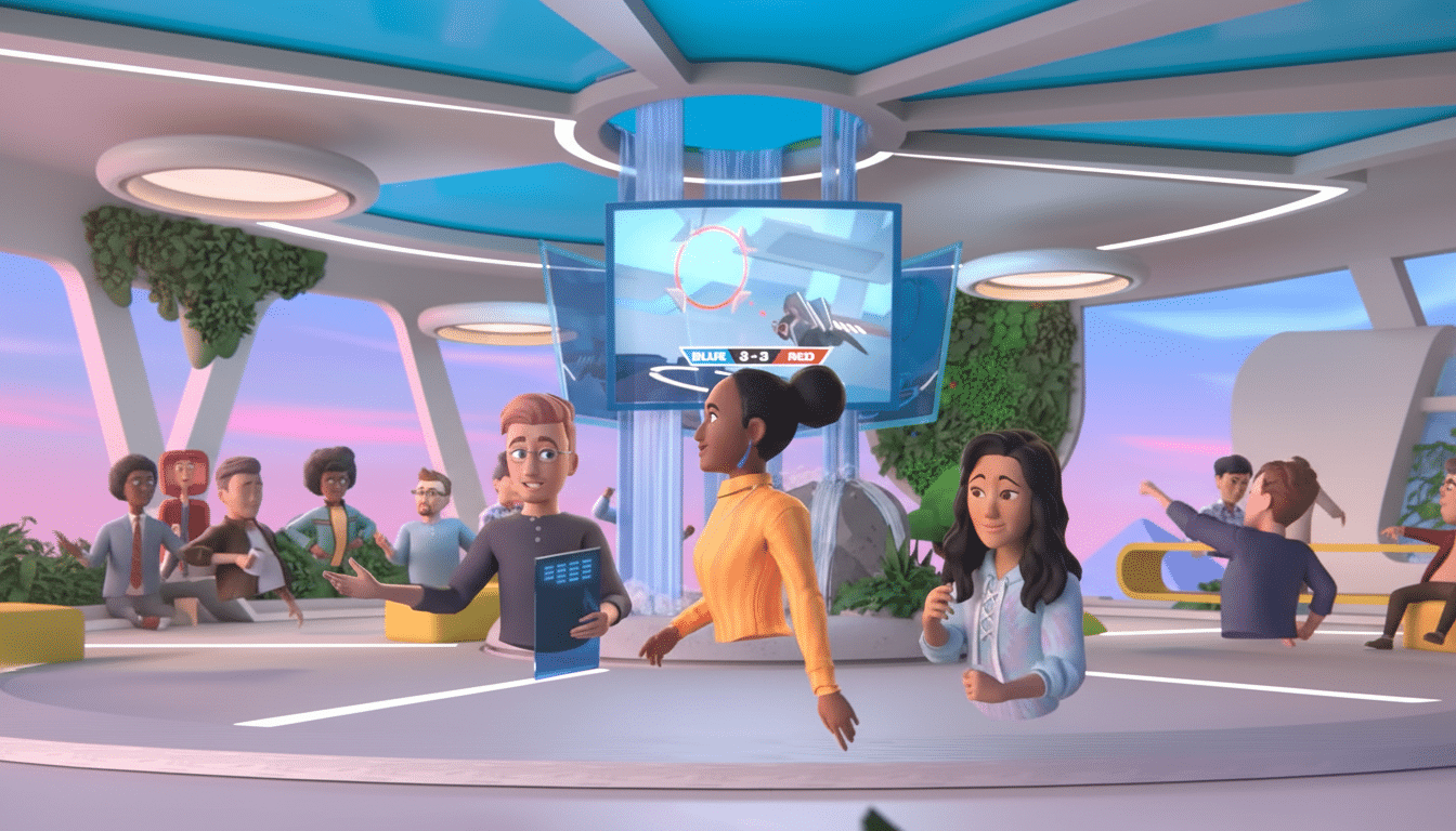 A group of diverse animated avatars in a futuristic virtual space, with a large screen displaying a game in the background.
