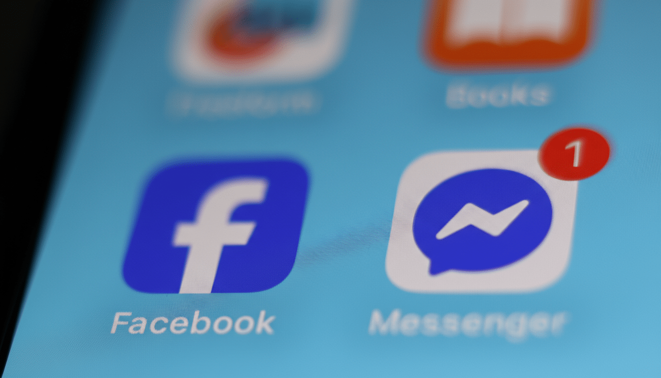 A close-up of a smartphone screen showing the Facebook and Messenger app icons, with a notification badge on the Messenger icon.