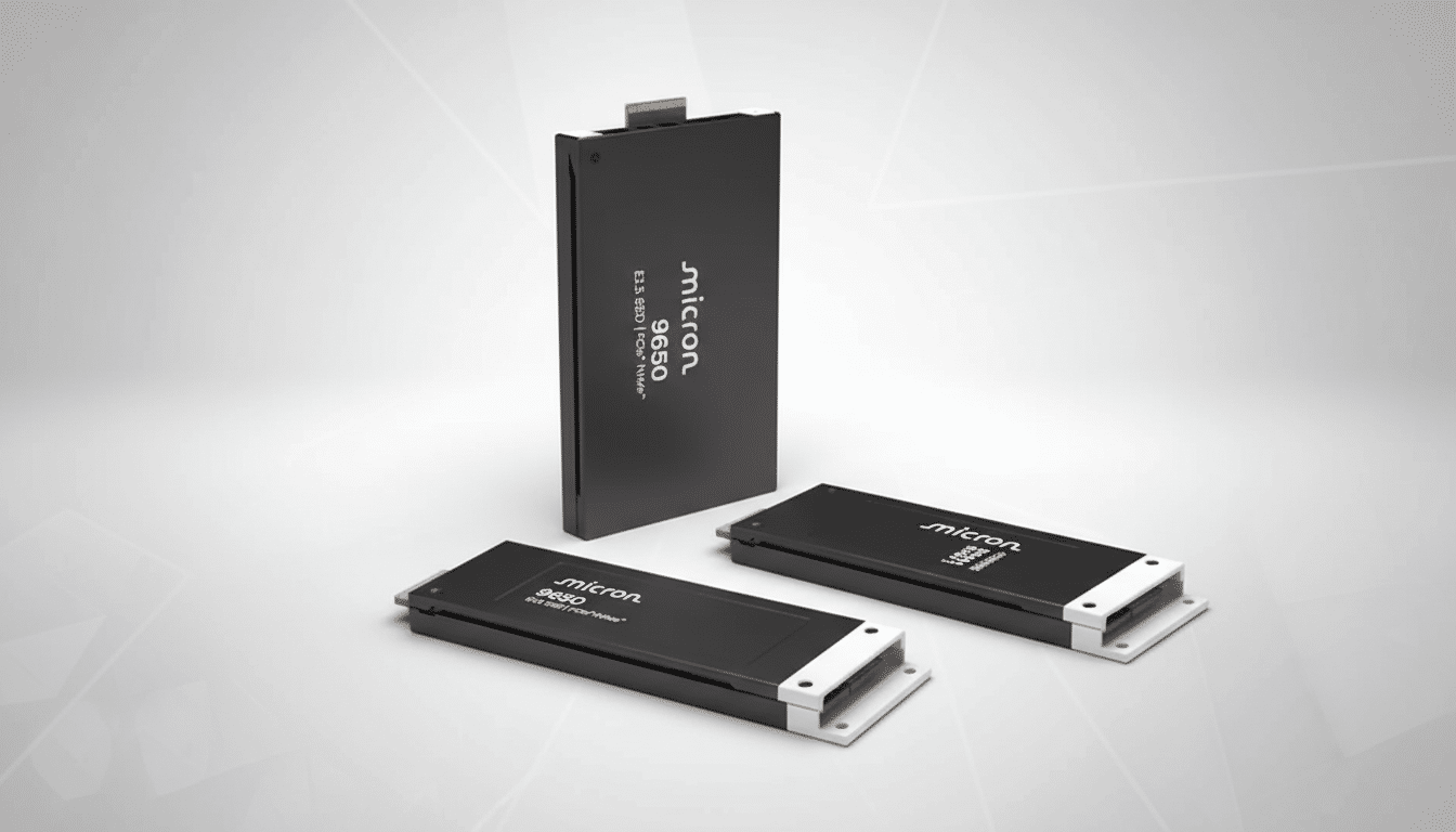 Three Micron 9650 E3.S SSDs are displayed on a professional flat design background with soft patterns.