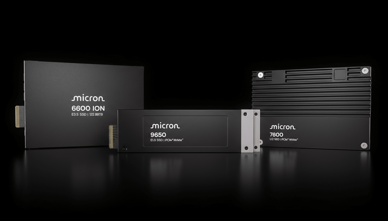 Three Micron SSDs, including the 6800 ION, 9650, and 7800 models, are displayed against a dark background.