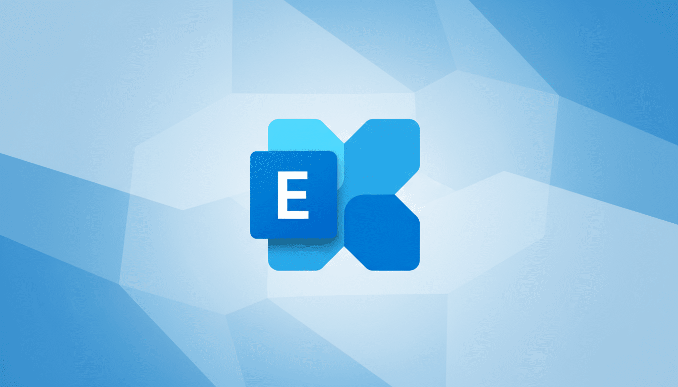 A blue square with a white letter E on it, overlapping a larger, lighter blue, abstract, four-pointed star-like shape, all set against a professional light blue background with subtle geometric patterns.