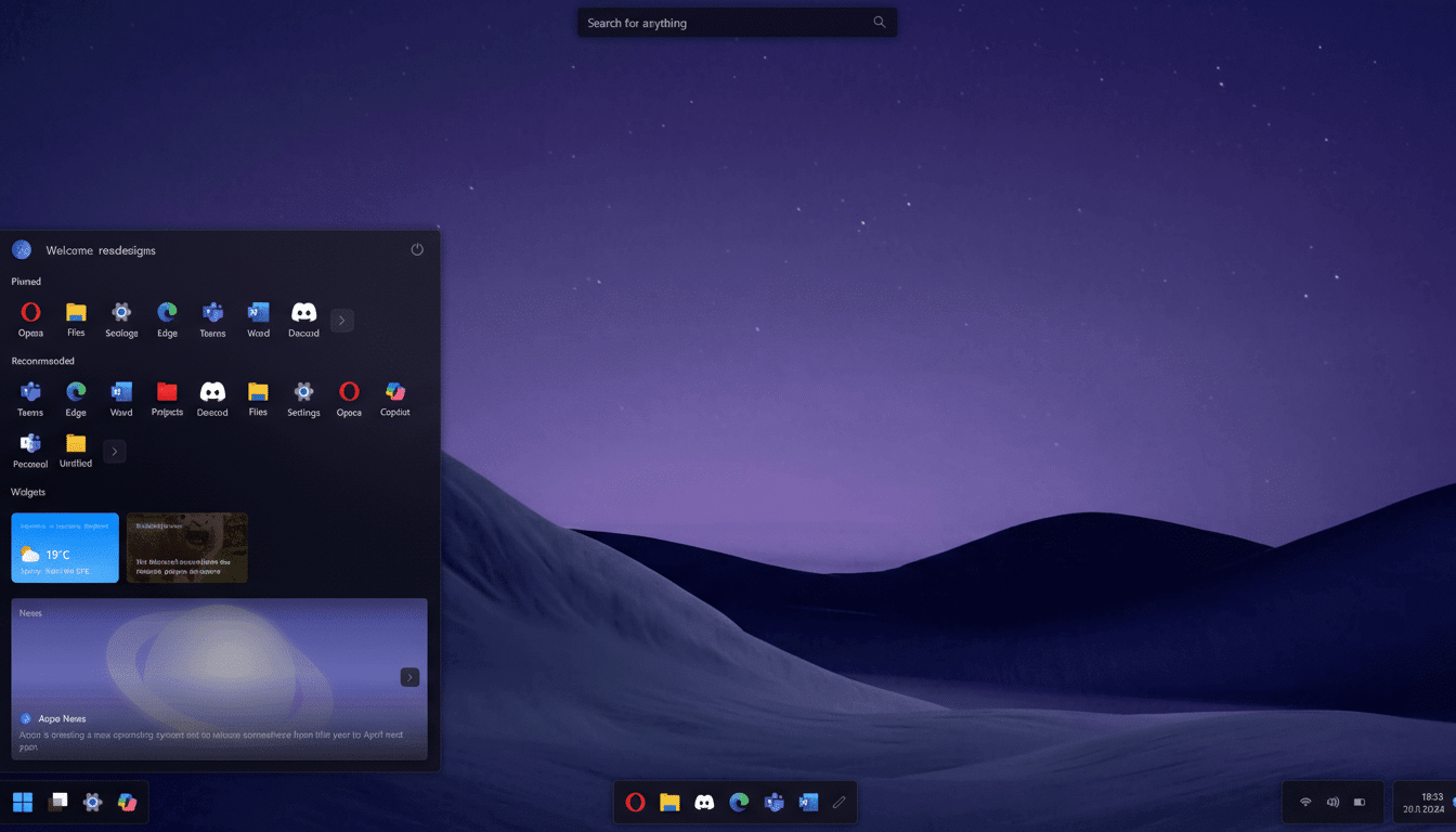 A desktop screenshot featuring a dark mode interface with a purple-hued background depicting rolling hills under a starry sky. The taskbar is at the bottom, and a start menu-like panel is open on the left, displaying pinned applications, recommended apps, widgets for weather and news, and a news feed.