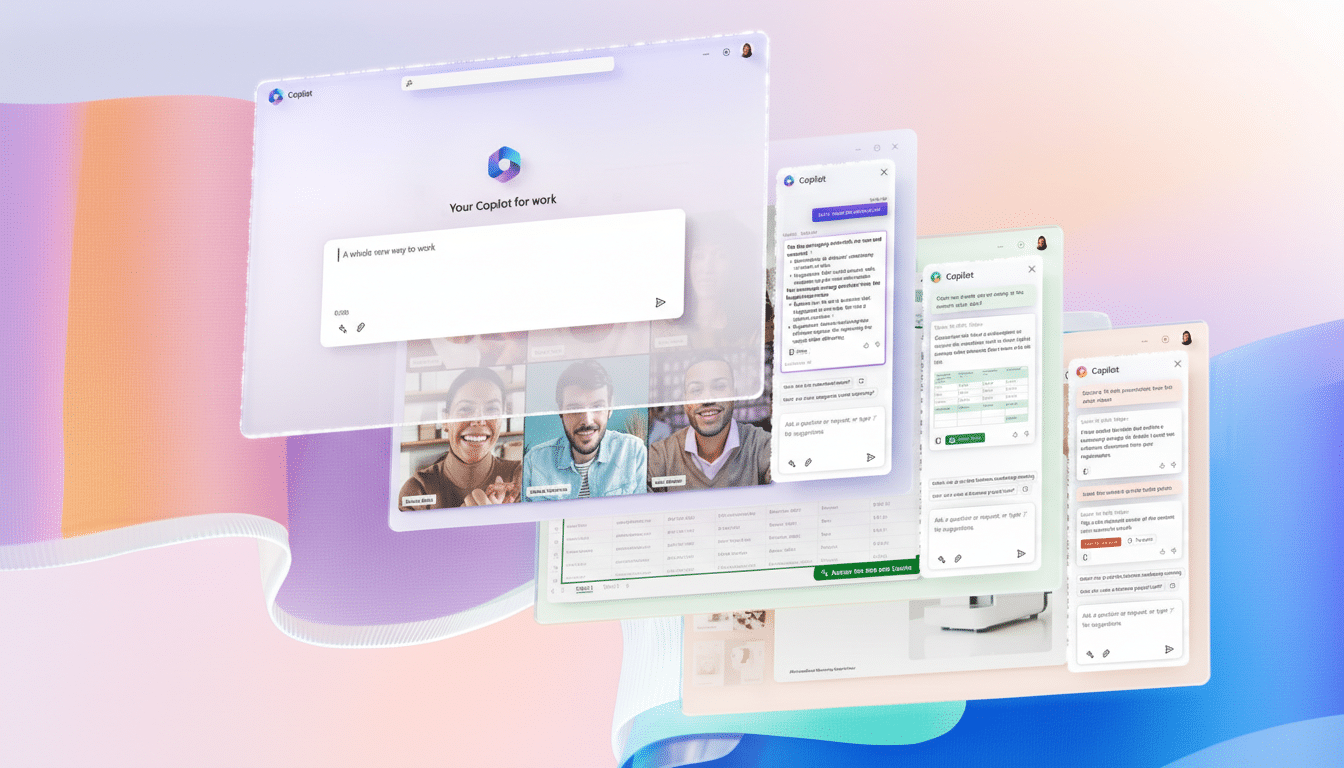 A 16:9 aspect ratio image showing multiple open windows of Your Copilot for work application, with a video call interface visible in one window and various document and chat interfaces in others, all set against a soft, gradient background.