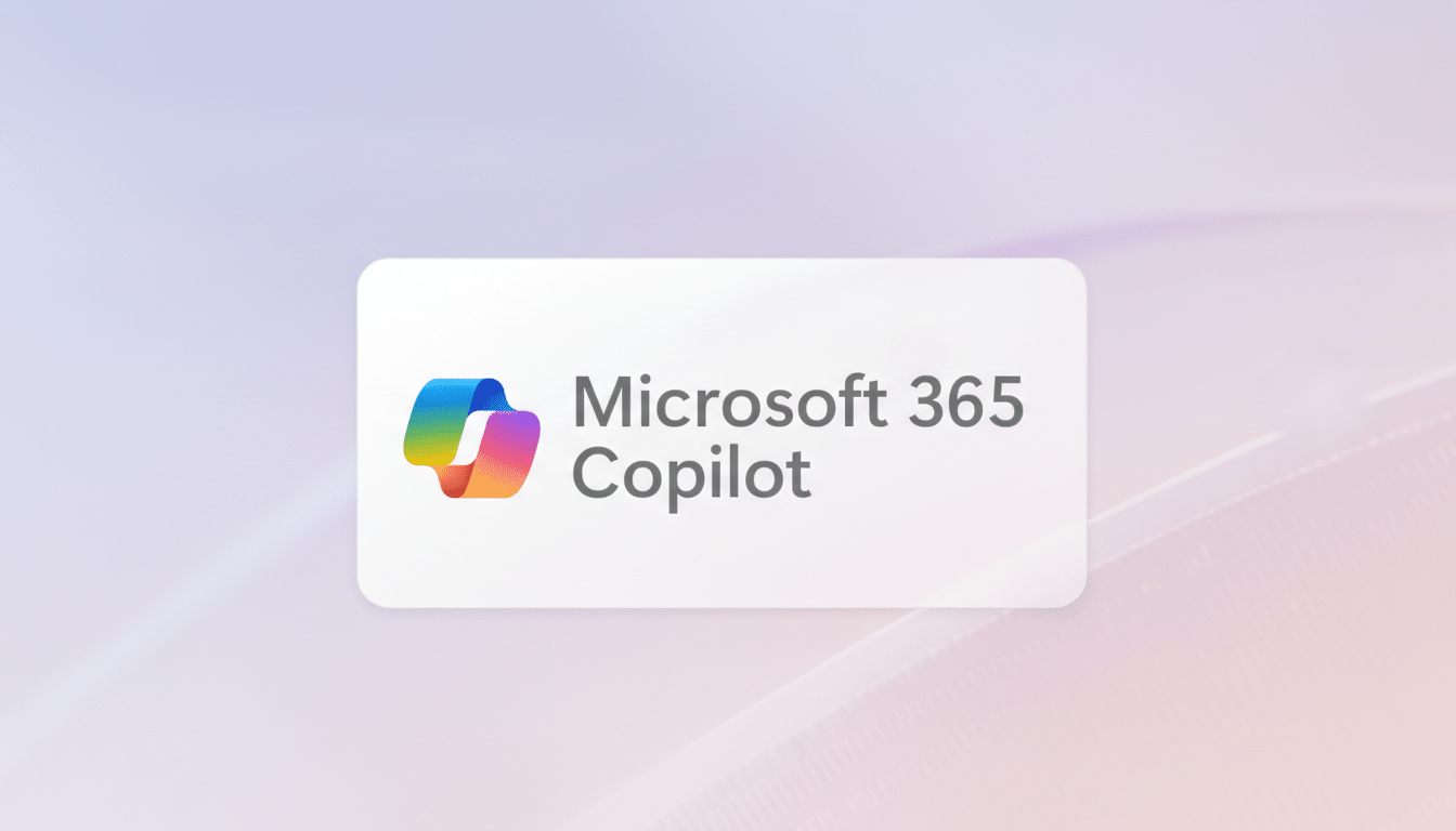 The Microsoft 365 Copilot logo and text on a professional flat design background with soft patterns and gradients.