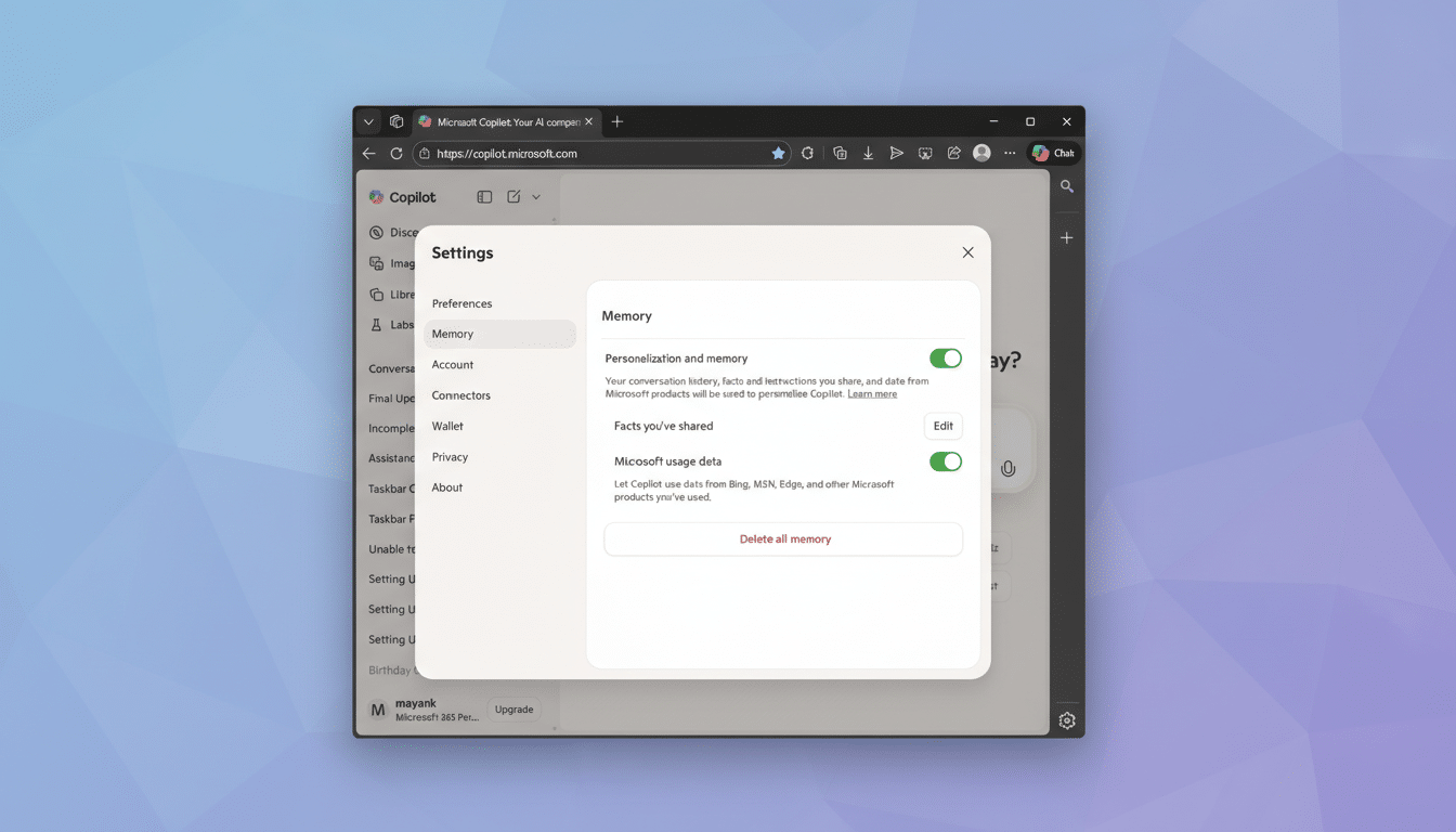 A screenshot of the Microsoft Copilot settings page, specifically the Memory section, displayed within a web browser. The image has been resized to a 16:9 aspect ratio with a professional flat design background featuring soft patterns and gradients.