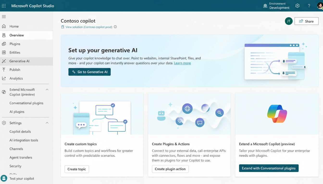 A screenshot of the Microsoft Copilot Studio interface, showing the Set up your generative AI section with options to create custom topics, plugins & actions, and extend a Microsoft Copilot.
