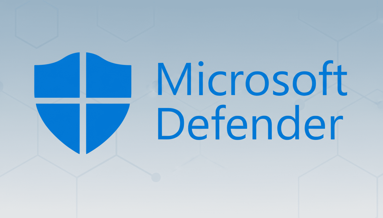 The Microsoft Defender logo, featuring a blue shield icon and the words Microsoft Defender in blue text, set against a professional light blue gradient background with subtle hexagonal patterns.