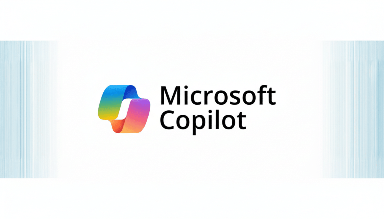 The Microsoft Copilot logo and text on a white background with subtle blue vertical lines on the sides, resized to a 16:9 aspect ratio.