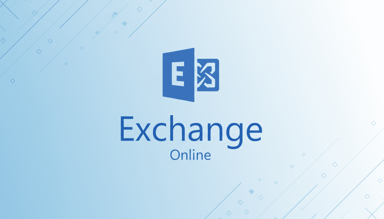 The Microsoft Exchange Online logo, featuring a blue E and an arrow, centered on a professional light blue gradient background with subtle geometric patterns.