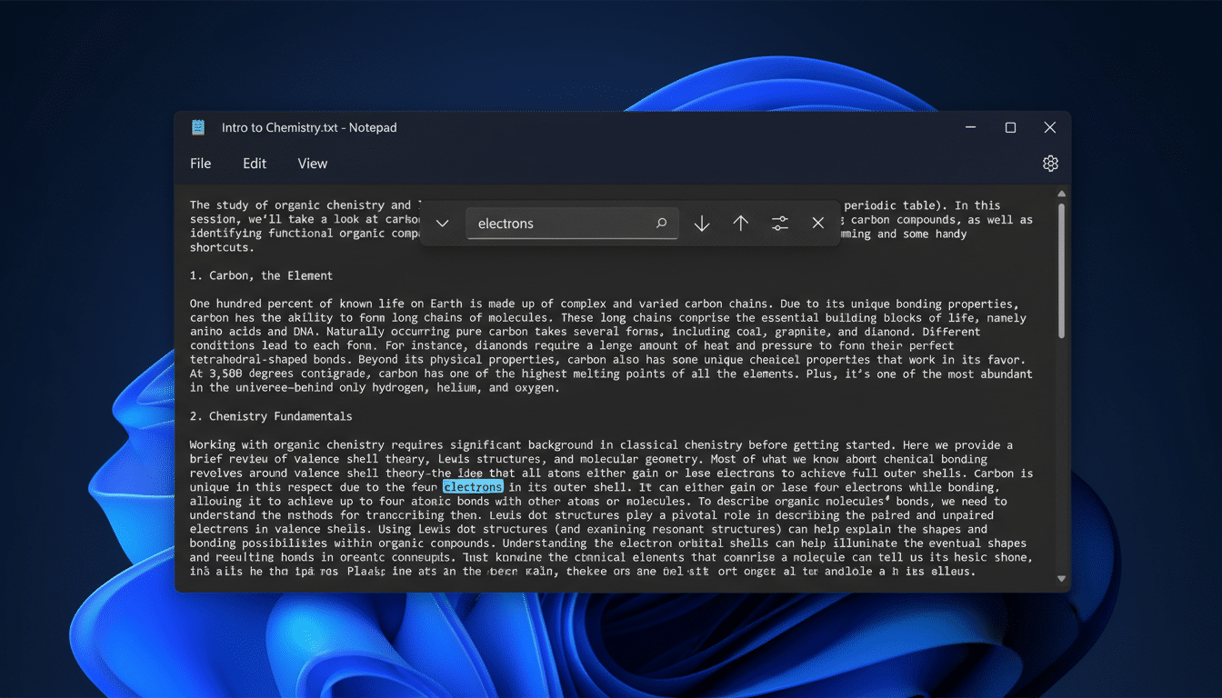 A screenshot of a Notepad window displaying a document titled Intro to Chemistry.txt with the word electrons highlighted in the text and in the search bar. The window is centered on a desktop with a blue and purple abstract background.