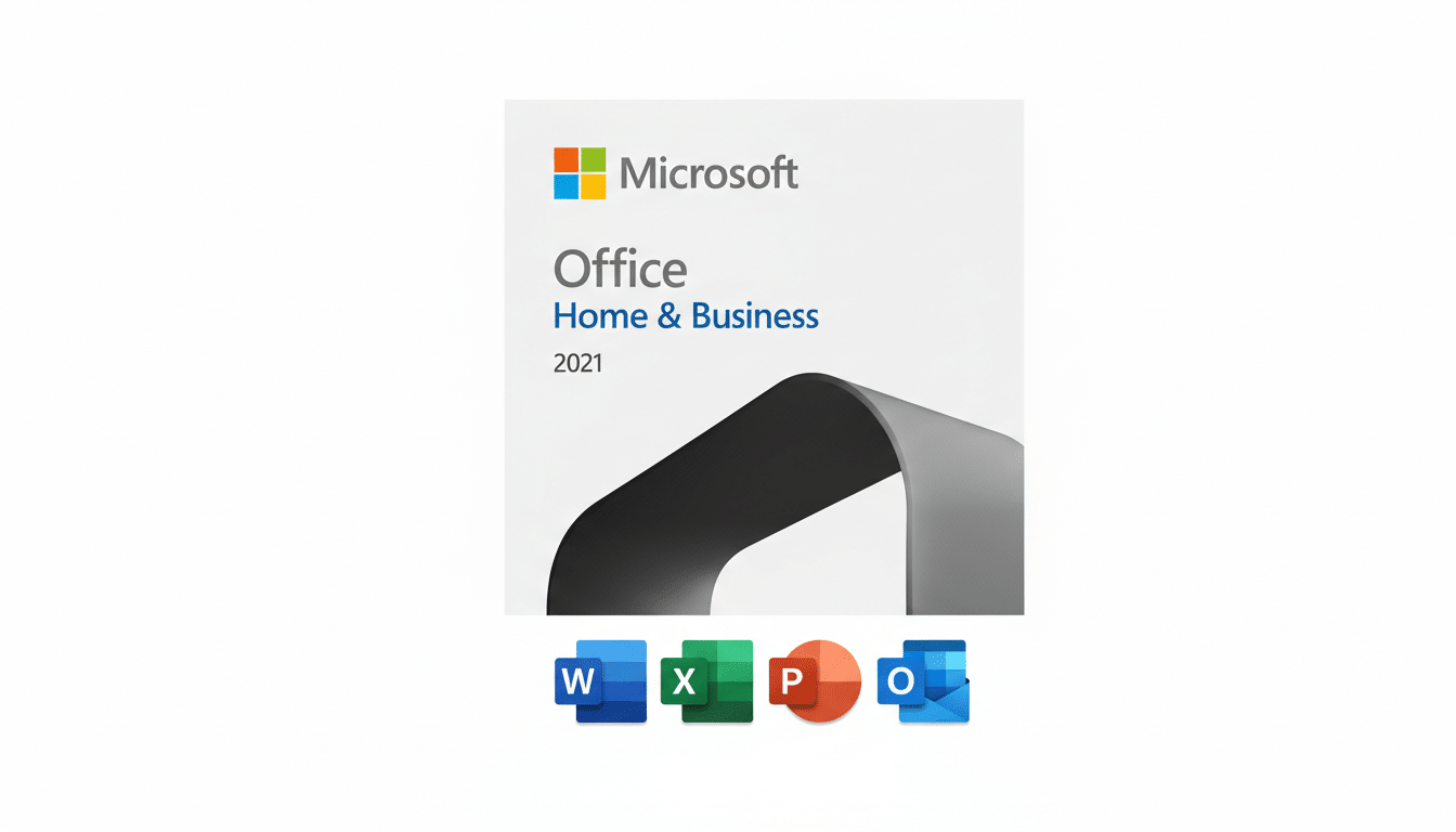 Microsoft Office Home & Business 2021 software box art with Word, Excel, PowerPoint, and Outlook icons.