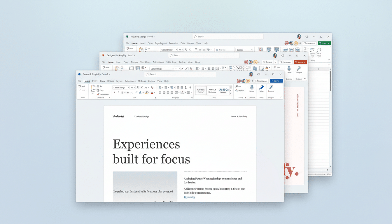 A screenshot of three open Microsoft Office windows, likely Word and PowerPoint, displaying documents with text and design elements. The windows are layered, with the topmost showing Inclusive Design and the middle Designed to Amplify, both featuring toolbars and content. The bottom window, titled Power & Simplicity, shows a document with the heading Experiences built for focus. The overall image has been resized to a 16:9 aspect ratio.