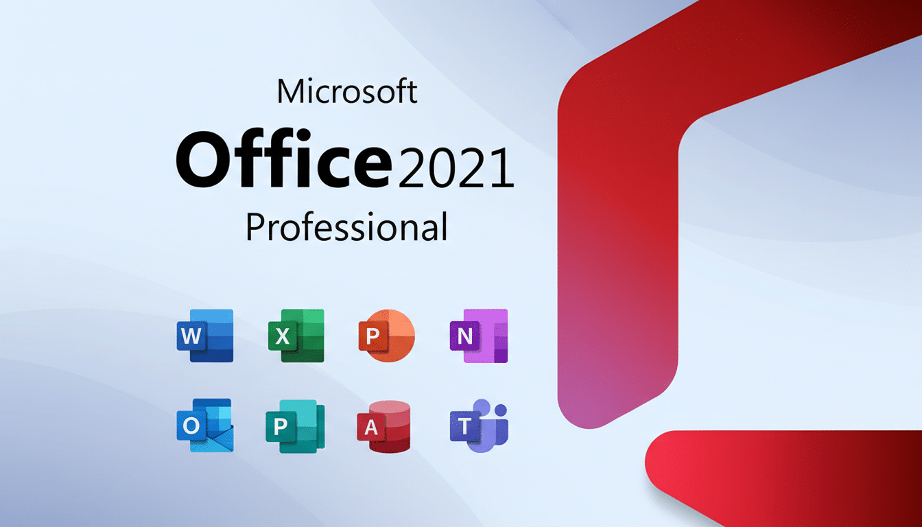 Microsoft Office 2021 Professional logo with application icons on a light blue and red gradient background.