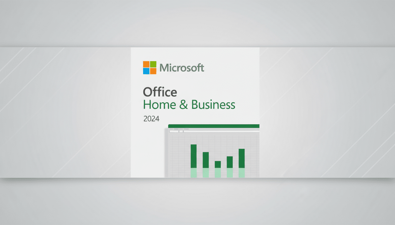 Microsoft Office Home & Business 2024 logo and text with a bar chart graphic, presented on a professional flat design background with soft patterns.