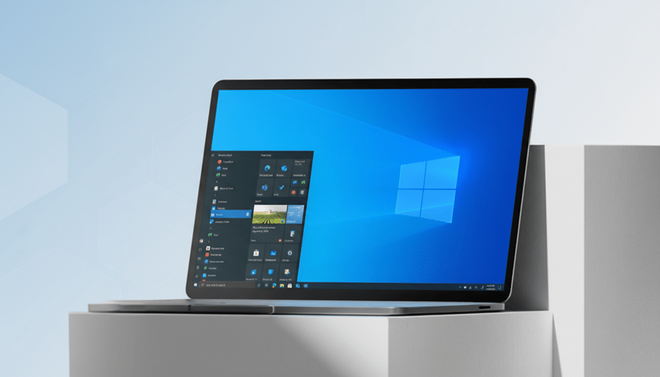 A laptop displaying the Windows 10 desktop and Start menu, set against a professional flat design background with soft patterns and gradients.
