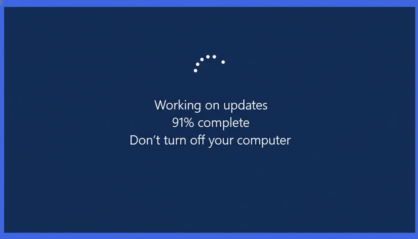 A blue screen with white text that reads Working on updates 91% complete Dont turn off your computer and a white loading animation of dots.