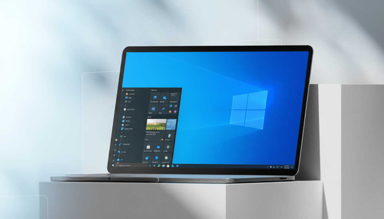 A laptop displaying the Windows 10 desktop and Start menu, set against a professional flat design background with soft patterns and gradients.