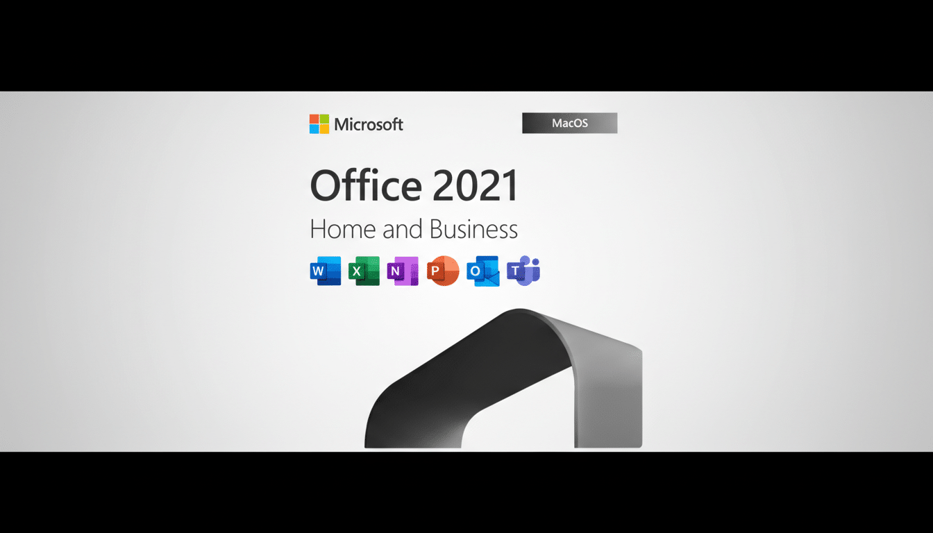 Microsoft Office 2021 Home and Business for MacOS, featuring icons for Word, Excel, OneNote, PowerPoint, Outlook, and Teams, presented on a clean, professional background with a subtle gradient.