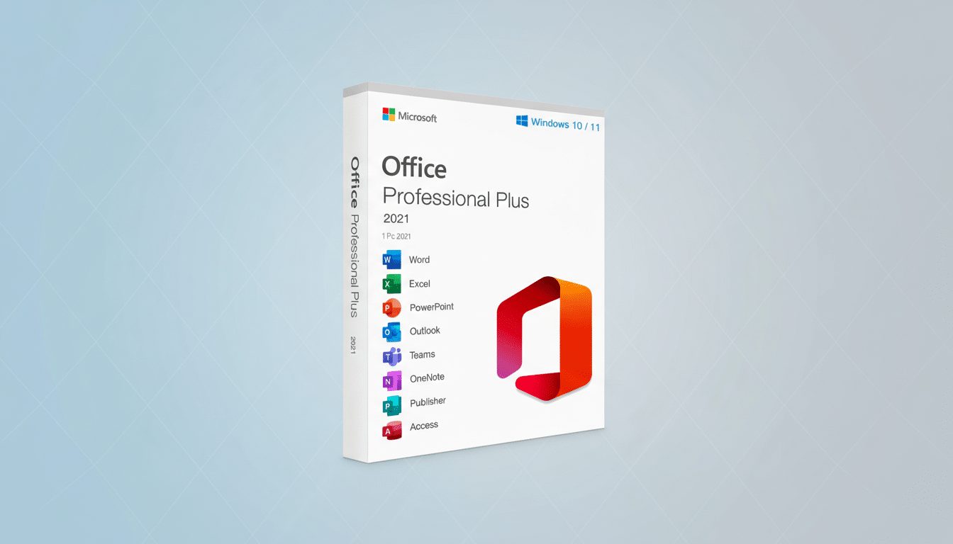 A 16:9 aspect ratio image of the Microsoft Office Professional Plus 2021 software box, featuring a professional flat design background with soft patterns and gradients.