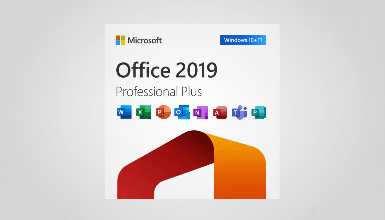 Microsoft Office 2019 Professional Plus software box art with a 16:9 aspect ratio and a professional flat design background.