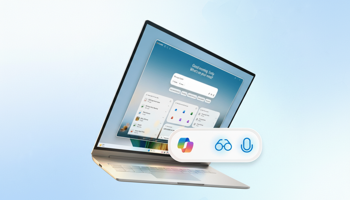 A laptop displaying a user interface with a Good morning, Emily greeting and various application icons, accompanied by three floating icons representing different functionalities.