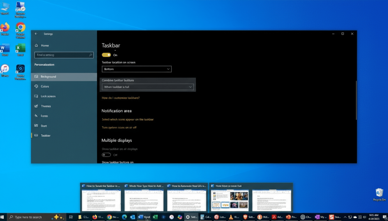 A screenshot of the Windows 10 Taskbar settings menu, showing options for taskbar location, combining buttons, and notification area settings.