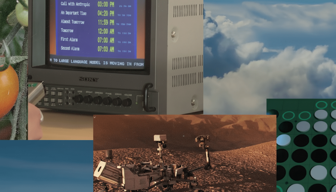 A collage of images including a tomato plant, a vintage Sony monitor displaying text, clouds in the sky, a Mars rover on a dusty landscape, and a grid of circles.