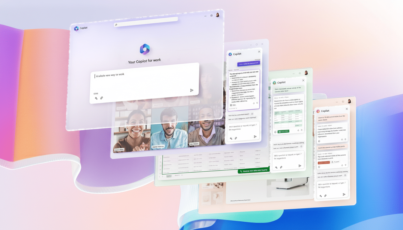 A professional, enhanced image of multiple Copilot for work application windows displayed on a colorful, abstract background, resized to a 16:9 aspect ratio.