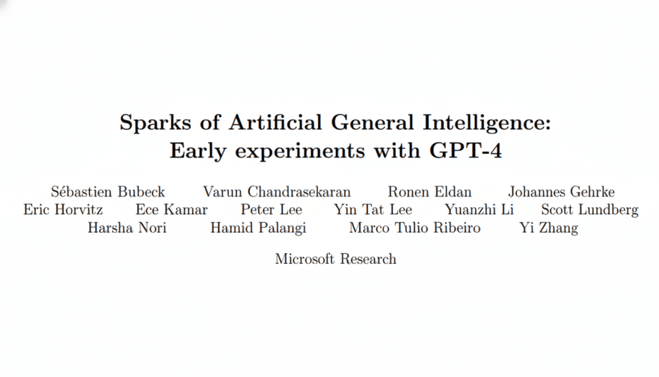 The title Sparks of Artificial General Intelligence: Early experiments with GPT-4 is displayed, followed by a list of authors and Microsoft Research at the bottom.