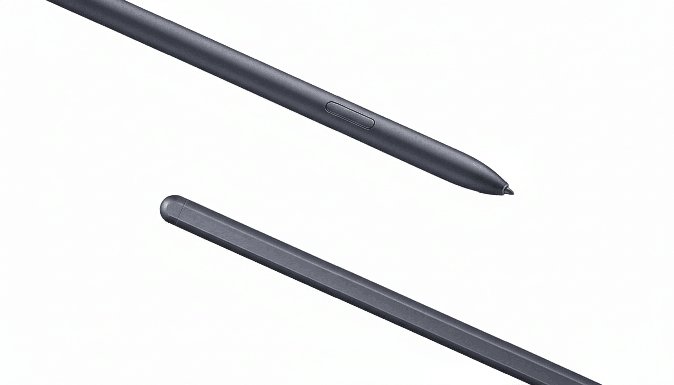 A dark gray stylus pen shown in two parts, with the tip and button visible on the top part, and the rounded end on the bottom part, against a white background.