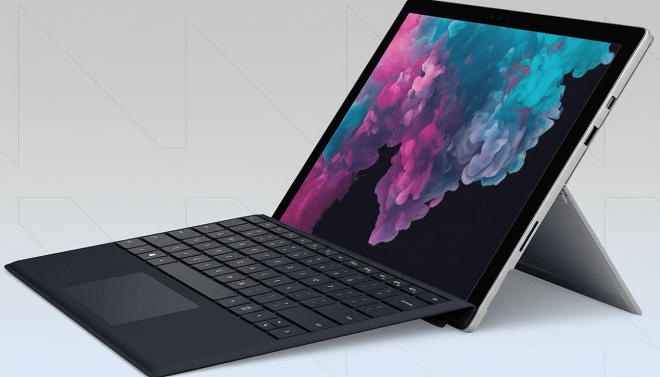 A Microsoft Surface Pro 6 with a black keyboard cover, displayed at an angle on a professional flat design background with subtle geometric patterns.