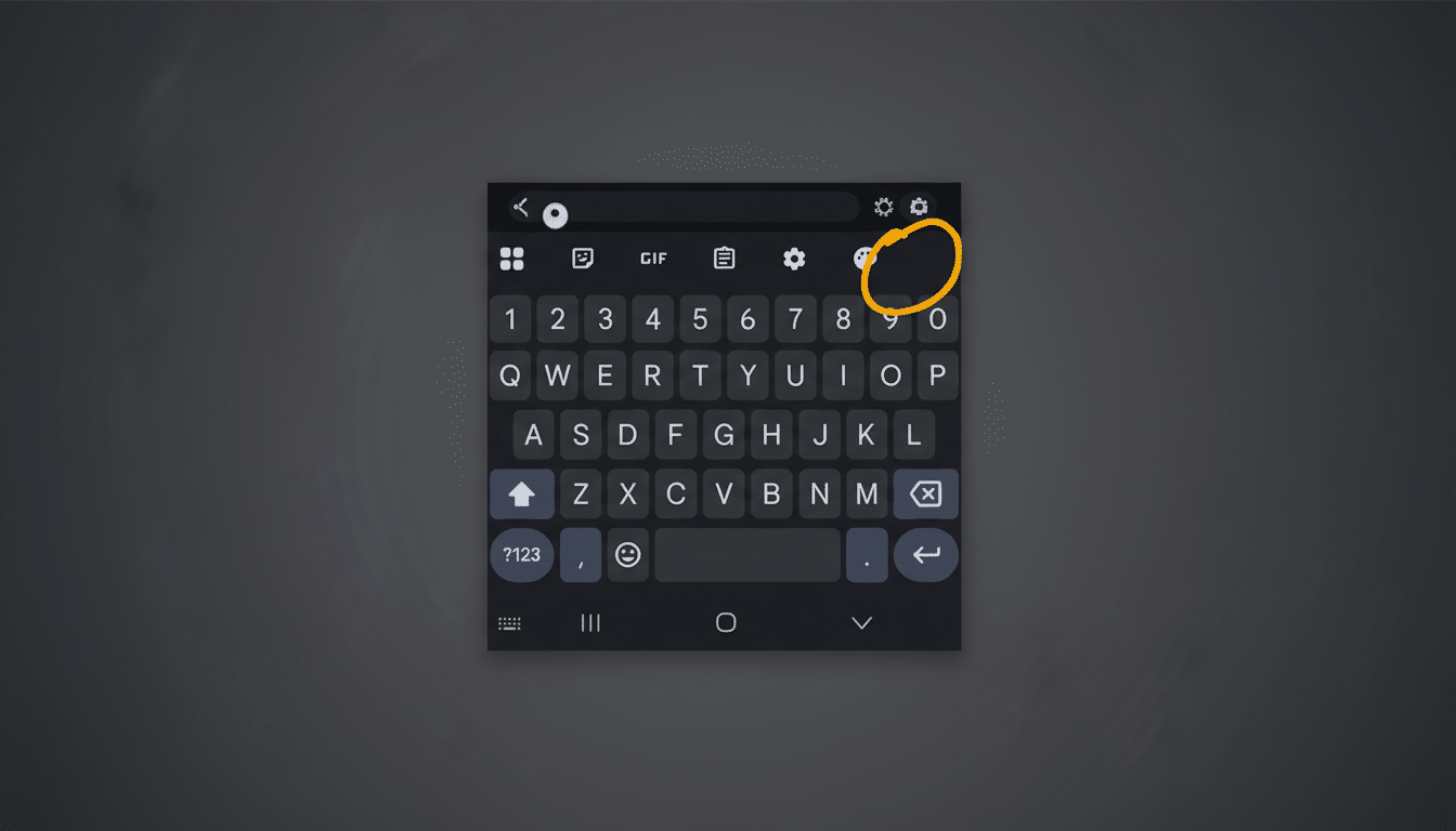 A professional, enhanced image of a smartphone keyboard with a 16:9 aspect ratio. The keyboard is dark gray with white letters and numbers, and an orange circle highlights the 0 key. The background is a soft, dark gray gradient.