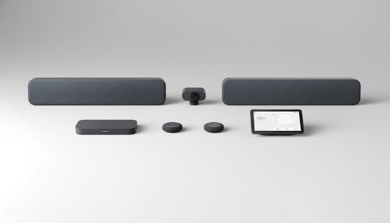 A professional overhead shot of a complete video conferencing system, including two long speaker bars, a central camera, a small rectangular hub, two circular control pucks, and a tablet display, all arranged neatly on a clean, light gray background with a subtle gradient.