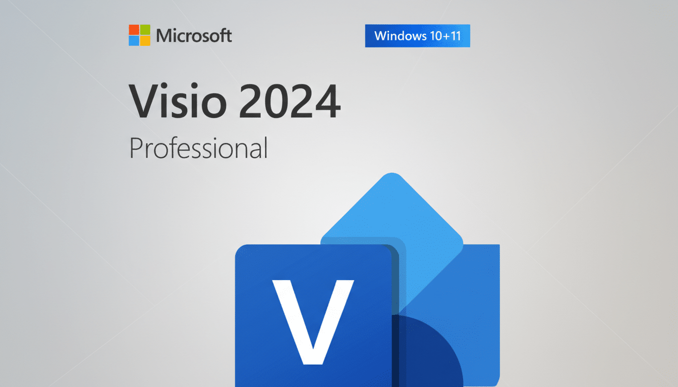 Microsoft Visio 2024 Professional software box art, resized to a 16:9 aspect ratio with a subtle gradient background.
