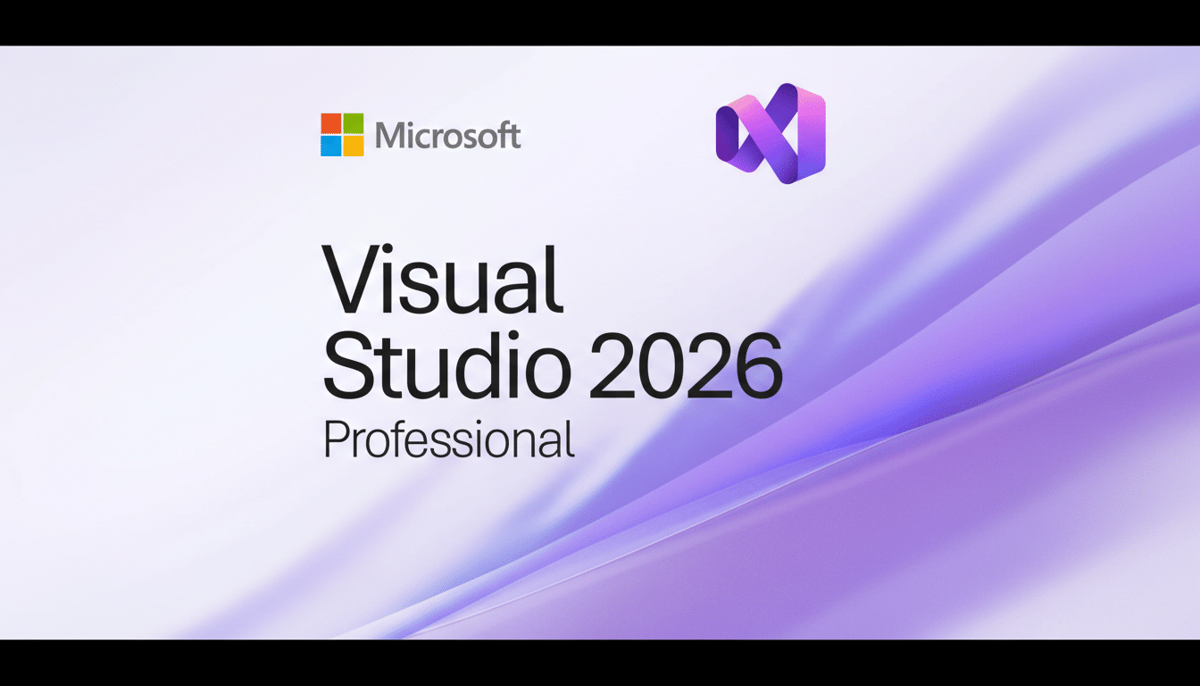 The Microsoft Visual Studio 2026 Professional logo on a purple and white gradient background, resized to a 16:9 aspect ratio.