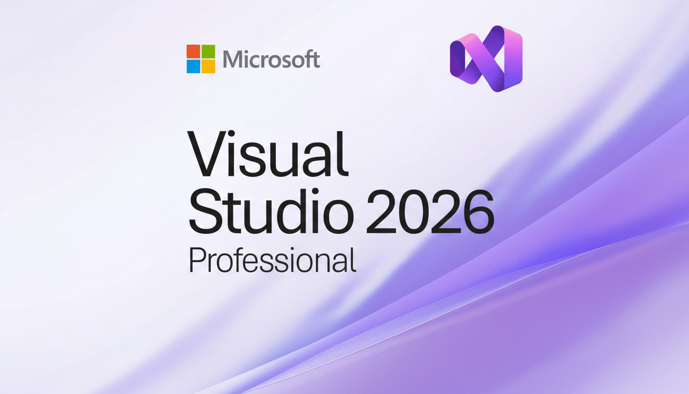 The Microsoft Visual Studio 2026 Professional logo on a light purple gradient background, resized to a 16:9 aspect ratio.