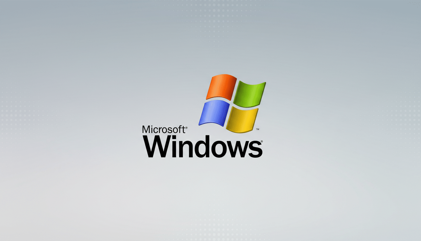 The Microsoft Windows logo, featuring the word Microsoft in a smaller font above Windows in a larger, bold font, next to the iconic four-pane window logo in orange, blue, green, and yellow, all set against a professional light gray background with a subtle gradient and soft dot patterns in a 16:9 aspect ratio.