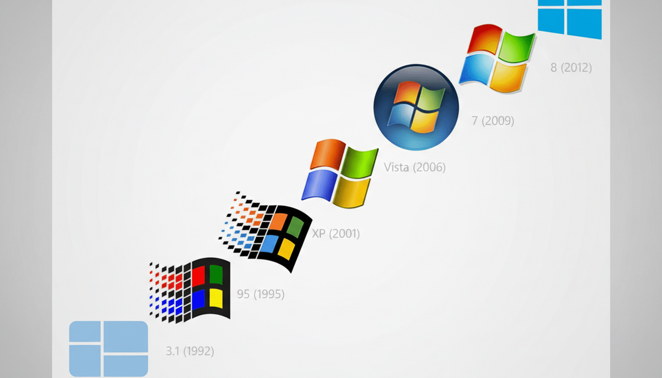 A timeline showing the evolution of the Microsoft Windows logo from version 3.1 (1992) to version 8 (2012), with each logo and its corresponding year arranged diagonally on a light gray background.