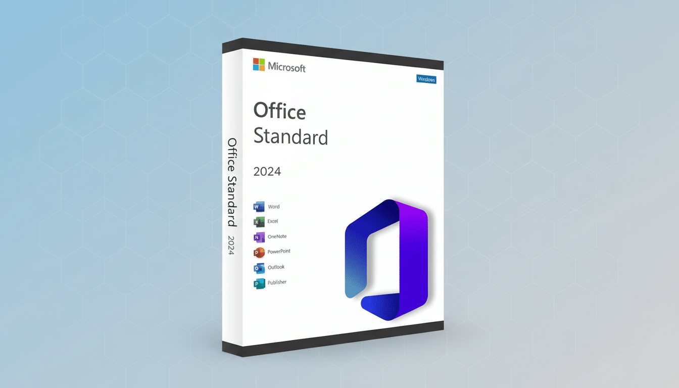 A 16:9 aspect ratio image of the Microsoft Office Standard 2024 software box, presented on a professional flat design background with soft blue gradients and subtle patterns.