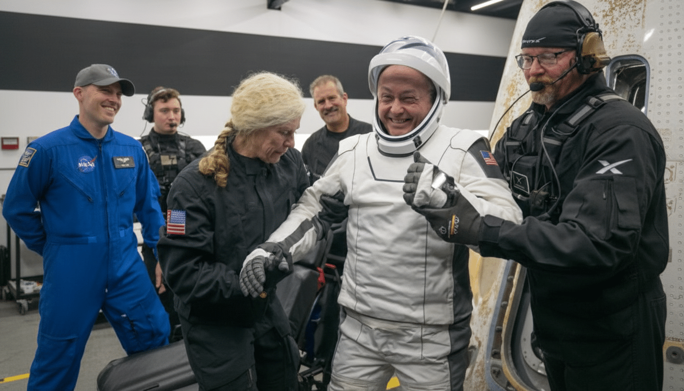 A group of people assisting a man in a white spacesuit with a helmet, while others in various attire observe.