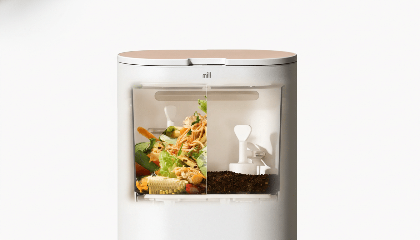 A Mill food waste grinder shown with a split view, displaying food scraps on the left and processed grounds on the right, set against a clean white background.