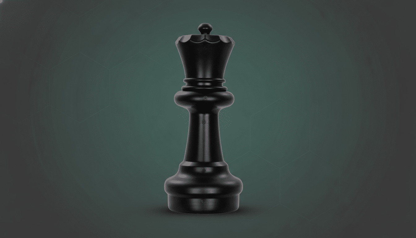 A black chess queen piece stands centrally against a professional flat design background with soft patterns and a gradient from dark green to dark grey.