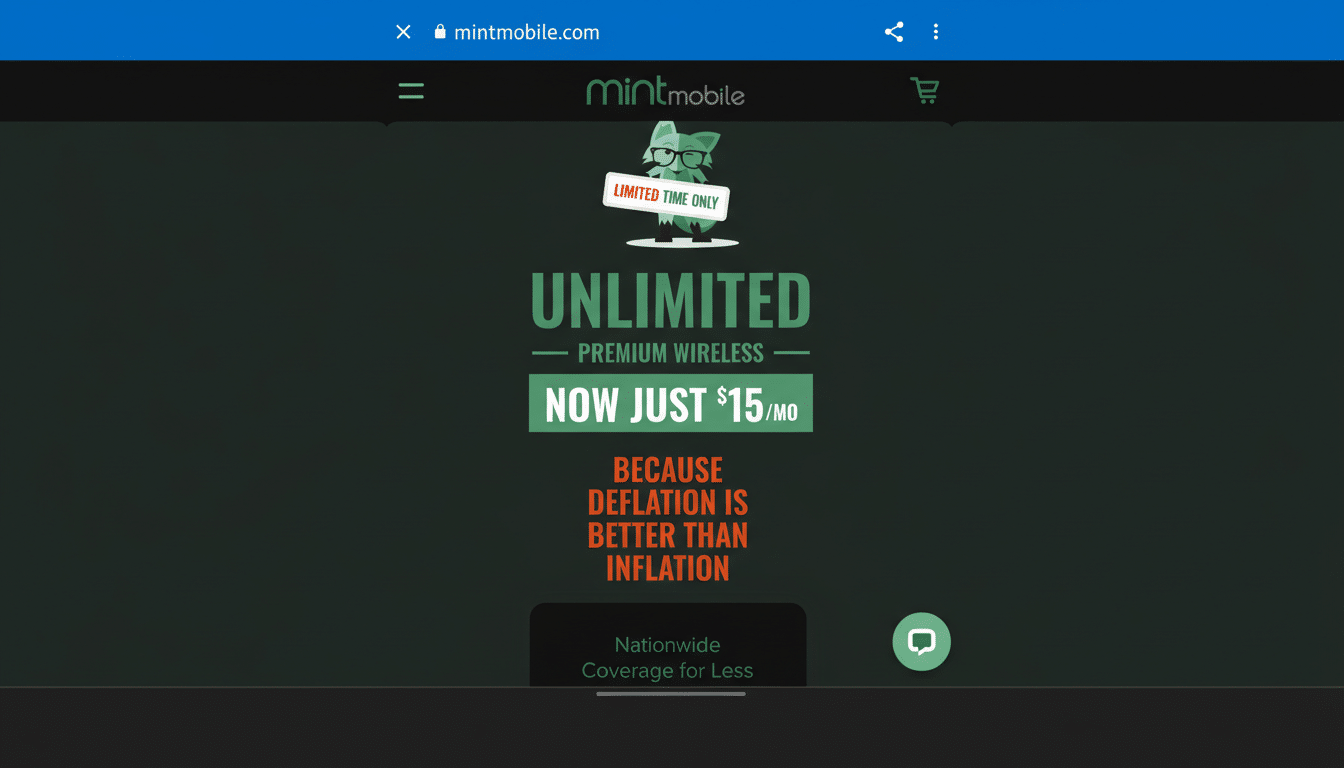 A screenshot of the Mint Mobile website, resized to a 16:9 aspect ratio, featuring their Unlimited Premium Wireless plan for $15/mo with the tagline Because deflation is better than inflation. The Mint Mobile logo and a green character wearing glasses are visible at the top.