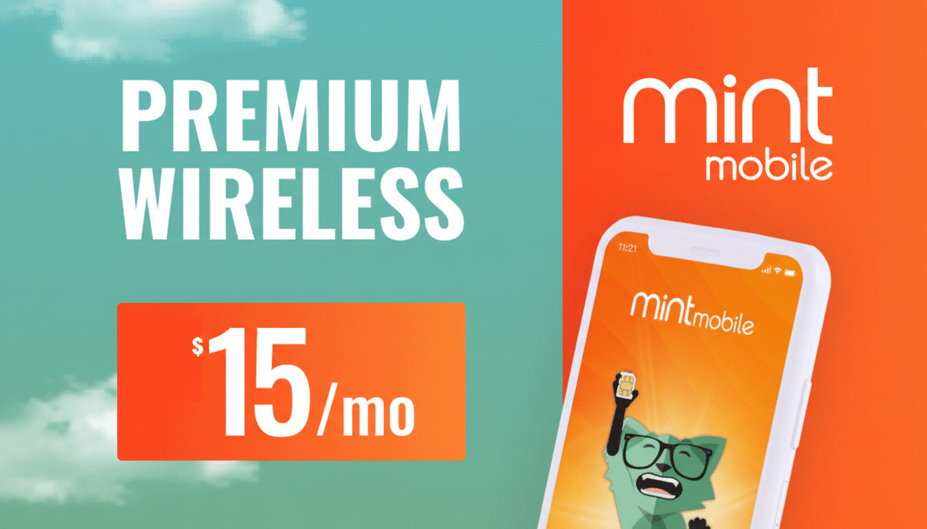 A Mint Mobile advertisement with PREMIUM WIRELESS and $15/mo on the left, and a smartphone displaying the Mint Mobile app with a fox character on the right, all set against a split background of blue sky and orange.