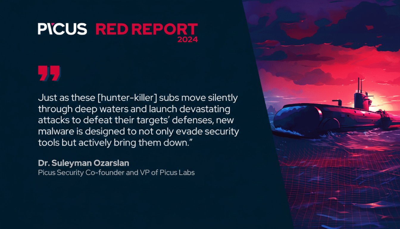 A professional image with a 16:9 aspect ratio, featuring the Picus Red Report 2024 logo and a quote from Dr. Suleyman Ozarslan. On the right, a stylized illustration of a submarine in red-hued waters under a dramatic sky.