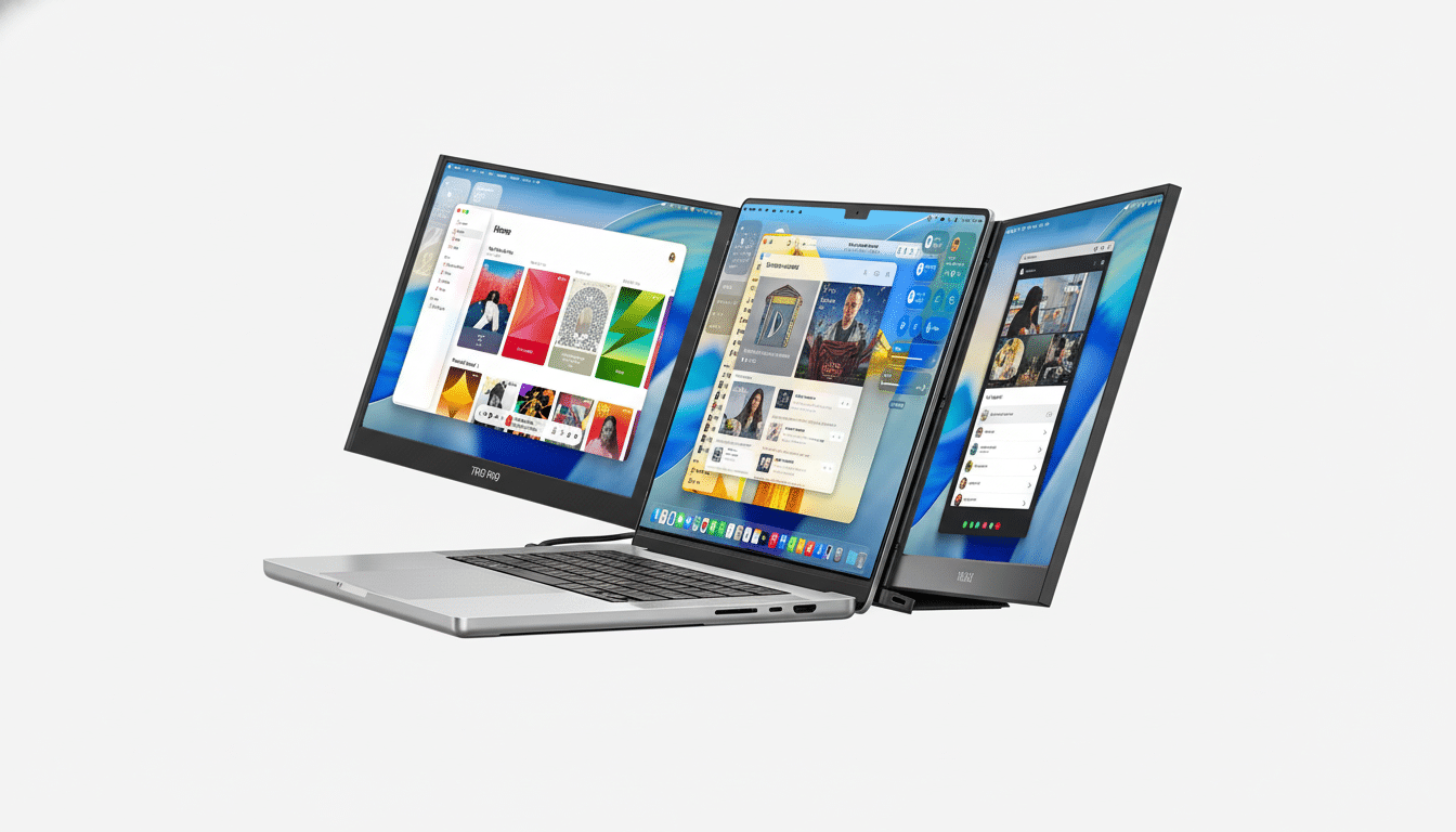 A laptop with two additional screens attached, displaying various applications.