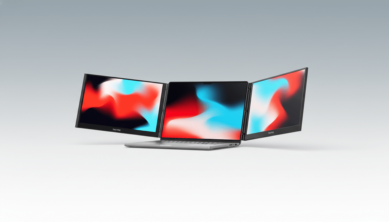 A laptop with two additional portable monitors attached, displaying abstract red and blue gradient wallpapers, set against a professional light gray background.