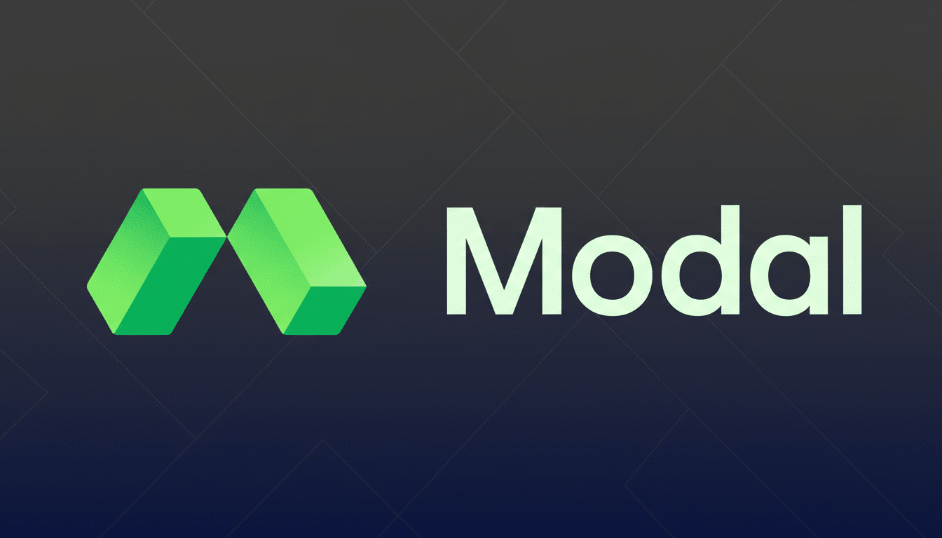 The Modal logo, featuring two interconnected green geometric shapes resembling an M, next to the word Modal in white text, all set against a dark blue background with subtle geometric patterns.