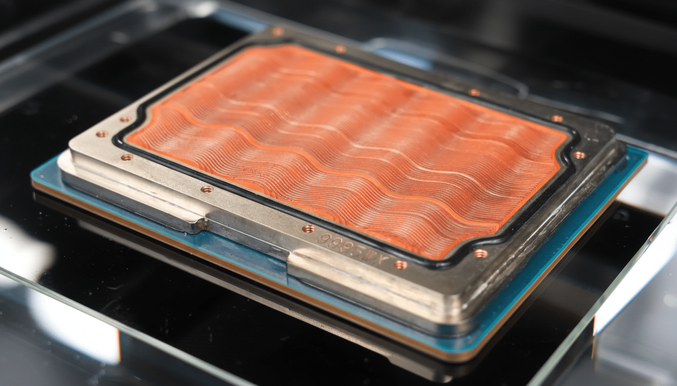 A close-up, professionally enhanced image of a rectangular electronic component with a wavy, orange-textured surface, framed by a metallic casing and a black border, set against a dark, reflective background.