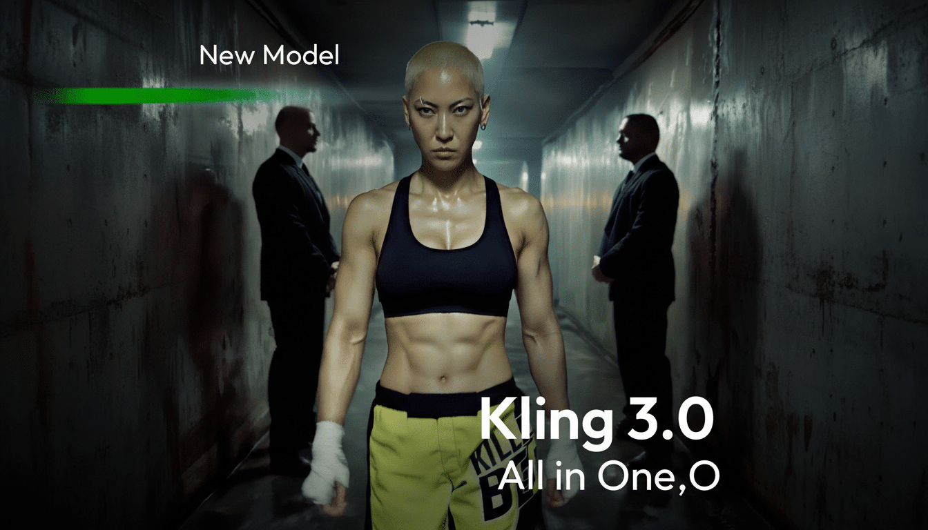 A woman with a shaved head and athletic build, wearing a black sports bra and yellow shorts, stands in a dimly lit corridor. Two men in suits stand in the background on either side. Text overlays read New Model and Kling 3.0 All in One, O.